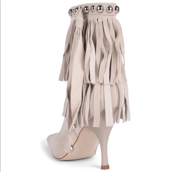 Jeffrey Campbell Stiletto Fringe Stud Bone White Suede Pointed Toe Bootie NWT - Picture 8 of 12